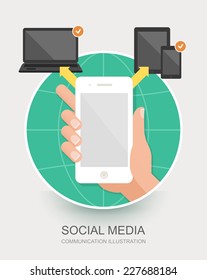  Hand holding smartphone. Concept of media communication. Vector illustration for web, mobile phone services and apps.