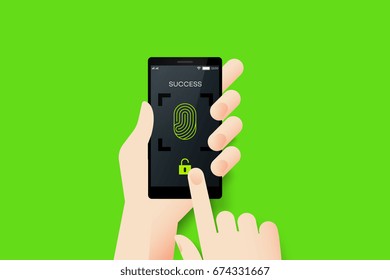 Hand Holding Smartphone With Conceptual Unlocked Fingerprint Recognition Mobile Application Interface. Material Design Vector Illustration.