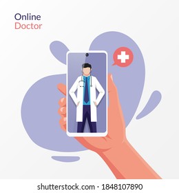 Hand holding smartphone and consultation with doctor. Online health care vector illustration 