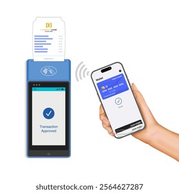 Hand Holding Smartphone for Contactless Payment Solutions: Wireless POS Terminals for Seamless Credit and Debit Transactions - Vector Illustration