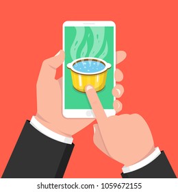 Hand holding smartphone with cooking app on screen. Boiling water in pan. Cooking pot on stove with water and steam. Vector illustration.