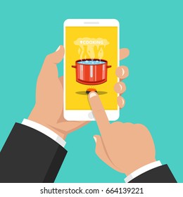 Hand holding smartphone with cooking app on screen. Boiling water in pan. Cooking pot on stove with water and steam. Flat cartoon style. Vector illustration.
