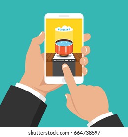Hand holding smartphone with cooking app on screen. Boiling water in pan. Cooking pot on stove with water and steam. Flat cartoon style. Vector illustration.