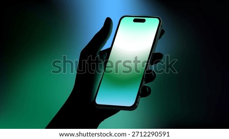 Hand Holding Smartphone with Cool Teal - Green Neon Glow on Futuristic Gradient Background