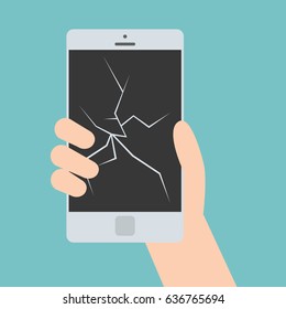 Hand holding a smartphone with cracked screen, flat editable vector illustration, clip art