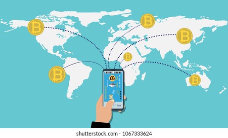 Hand holding smartphone with Credit card bitcoin and ethereum Cryptocurrency Icon on screen and network finance Political World Map Illustration vector. Bitcoin or Ethereum Cryptocurrency concept