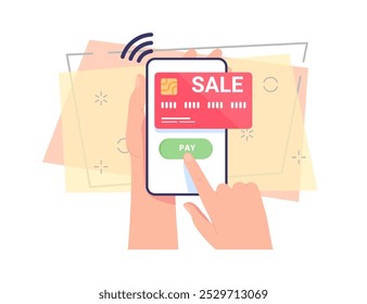 Hand holding smartphone with credit card on screen vector illustration. Man making purchase, shopping, paying online during sales period . Transaction, e-commerce concept for poster or banner design