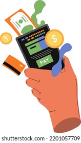 Hand holding smartphone with credit cards and NFC function for playing. Purchasing and buying goods online or offline. Wireless methods, dollar coins and banknotes on cell. Vector in flat style