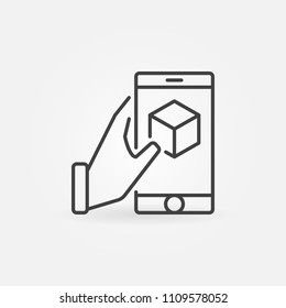 Hand holding smartphone with cube inside icon. AR vector concept symbol in thin line style