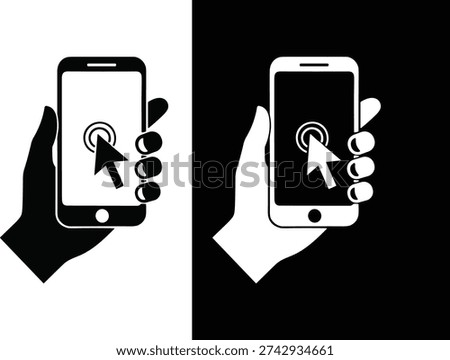 A hand holding a smartphone with a cursor pointing to an icon.