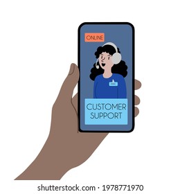 Hand holding smartphone with customer support service on screen online vector illustration