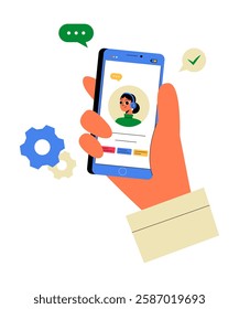 Hand Holding Smartphone With Customer Support Chat In Flat Vector Illustration Symbolizing Online Assistance, Customer Service, And Virtual Helpdesk, Isolated On White Background.