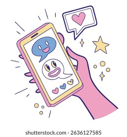 Hand holding smartphone with cute emoticons and hearts, social media interaction