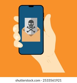 Handheld-Smartphone mit Cyber-Security-Design, Cyber-Angriff, Virus. Flache Vektorgrafik.