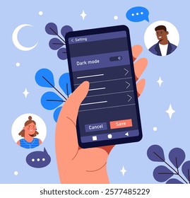 Hand holding smartphone with dark mode settings screen, surrounded by chat icons and abstract elements on light blue background. Concept of technology and communication. Vector illustration