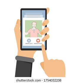 Hand holding smartphone with dating application. Young happy man profile with swipe left or right buttons. Phone display with man profile information vector cartoon illustration.