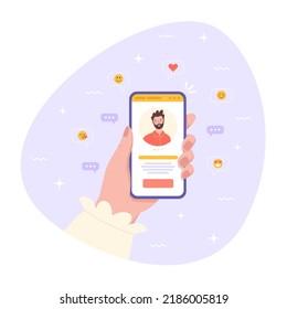 Hand holding smartphone with dating mobile application on screen. Dating service, woman looking at man's profile. Virtual relationship via social network. Flat vector illustration for web design.