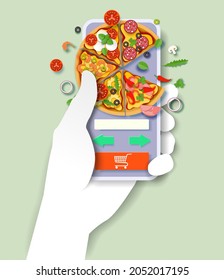 Hand holding smartphone with delicious pizza on screen, vector illustration in paper art style. Online pizza order and delivery.