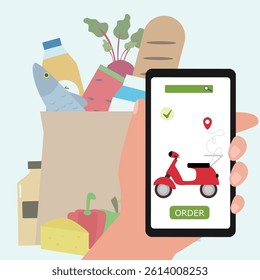 Hand holding  smartphone delivery online grocery shopping mobile phone vector  illustration
