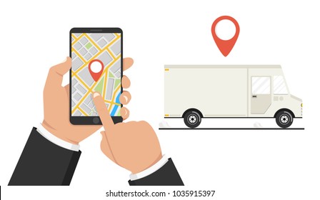 Hand holding smartphone with delivery service app on screen. Concept of the delivery service. Vector illustration.