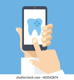 Hand holding smartphone with dental app on screen. Medical diagnostics, patient information, dental solutions. Modern concept for web banners, web sites, infographics. Flat design vector illustration