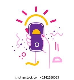 Hand holding smartphone design. Taking photo of sunset. Isolated on white background vector illustration.
