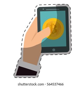 hand holding a smartphone device with bitcoin currency. vector illustration 