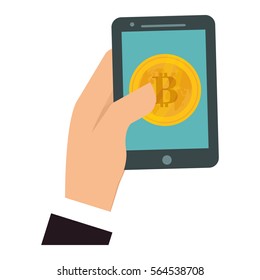hand holding a smartphone device with bitcoin currency. vector illustration 