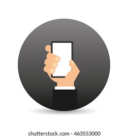 hand holding smartphone device icon, vector illustration