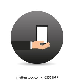 hand holding smartphone device icon, vector illustration