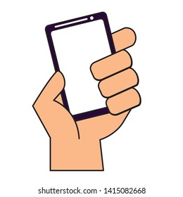 hand holding smartphone device on white background vector illustration