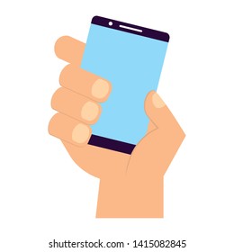 hand holding smartphone device on white background vector illustration