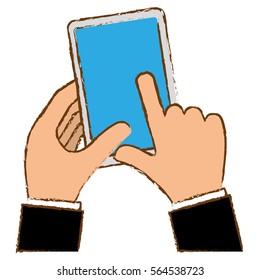 hand holding a smartphone device over white background. colorful design. vector illustration
