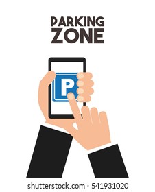 hand holding a smartphone device with parking zone sign icon on screen over white background. colorful design. vector illustration