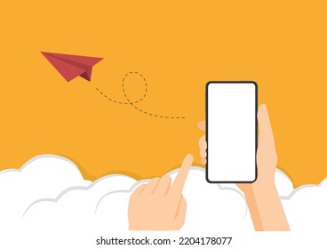 Mano sosteniendo la pantalla táctil del dispositivo de smartphone. Enviando una solicitud de soporte de mensajes rápida. Cronología vacía en la pantalla en línea. smartphone de pantalla blanca móvil, velocidad y vuelo. Ilustración vectorial de icono de muestra