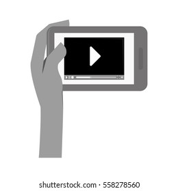 hand holding a smartphone device with video player button on screen over white background. entertainment and technology design. vector illustration