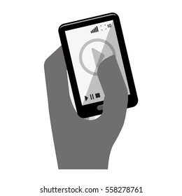 hand holding a smartphone device with video player button on screen over white background. entertainment and technology design. vector illustration