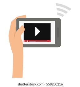 hand holding a smartphone device with video player button on screen over white background. entertainment and technology concept. colorful design. vector illustration