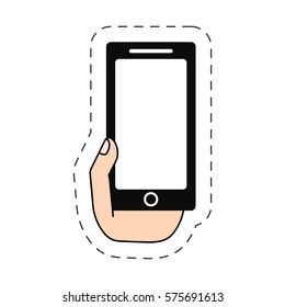 hand holding smartphone device-cut line vector illustration eps 10