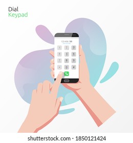 Hand Holding Smartphone With Dial Keypad App Concept. Technology For Calling With Liquid Background Vector Illustration.