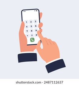 Hand holding smartphone with dialing screen. Mobile phone with a numeric keypad on a touch screen. Vector flat illustration on a light isolated background. 