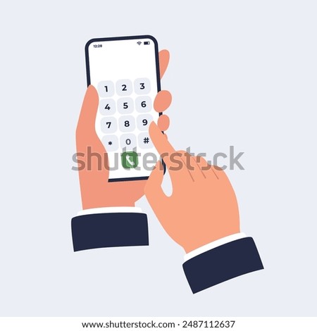Hand holding smartphone with dialing screen. Mobile phone with a numeric keypad on a touch screen. Vector flat illustration on a light isolated background. 