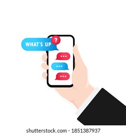 Hand holding smartphone with dialog window illustration. Whats up message. Bubble speech. Dialogues mockup. Vector EPS 10. Isolated on white background