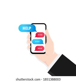 Hand holding smartphone with dialog window illustration. Help message. Bubble speech. Dialogues mockup. Vector EPS 10. Isolated on white background