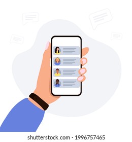Hand, die Smartphone mit einem anderen Chat auf dem Bildschirm hält. Fernkommunikation. Frauen unterhalten ihre Freunde. Vektorgrafik. 