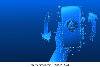 hand holding smartphone with digital currency with circular arrows euro cashback. 3D money in light blue futuristic style on phone screen and growth chart