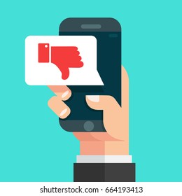 Hand holding smartphone with dislike message, dislike button,  Concept for websites, web banner. Flat design vector illustration