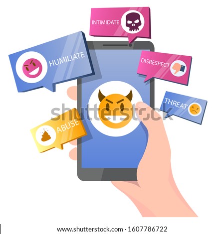 Hand holding smartphone with dislikes, bad comments, insulting messages, vector illustration. Internet trolling, social media bullying, cyberbullying, digital harassment concept for website page etc