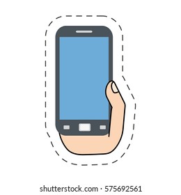 hand holding smartphone display -cut line vector illustration eps 10