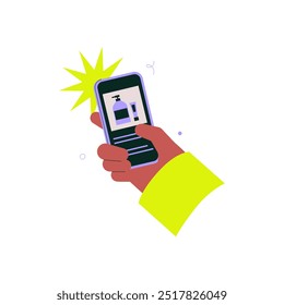 Hand holding a smartphone displaying beauty products in an online shopping app. Represents mobile e-commerce and product browsing. Flat vector illustration.